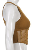 Brown Sexy Solid Patchwork See-through O Neck Sleeveless Two Pieces