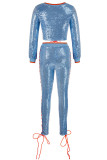 Синяя повседневная повязка с принтом и блестками О-образный вырез с длинным рукавом из двух частей