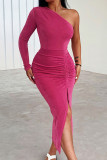 Rose Red Sexy Solid Patchwork Slit Fold Asymmetrical Oblique Collar One Step Skirt Dresses