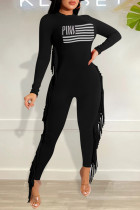 Macacão skinny moda casual preto com estampa de letras rebites