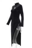 Black Sexy Solid Hollowed Out Patchwork Slit Turtleneck Straight Dresses