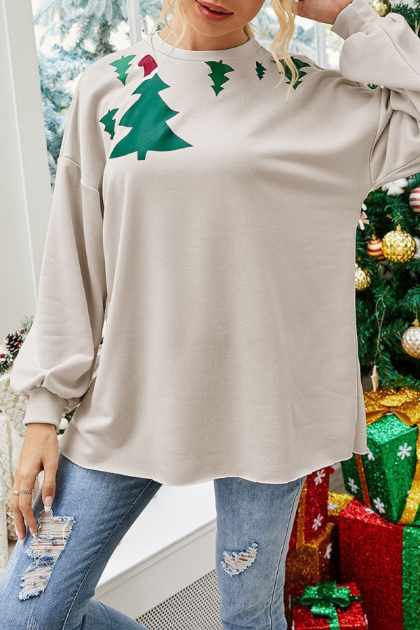 Color caqui moda casual árbol de navidad impreso básico o cuello tops