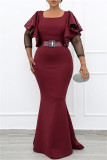 Бордовые модные лоскутные воланы с бисером и круглым вырезом трапециевидные платья больших размеров (с поясом)