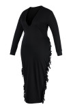 ブラックファッションカジュアルソリッドタッセルVネック長袖プラスサイズのドレス