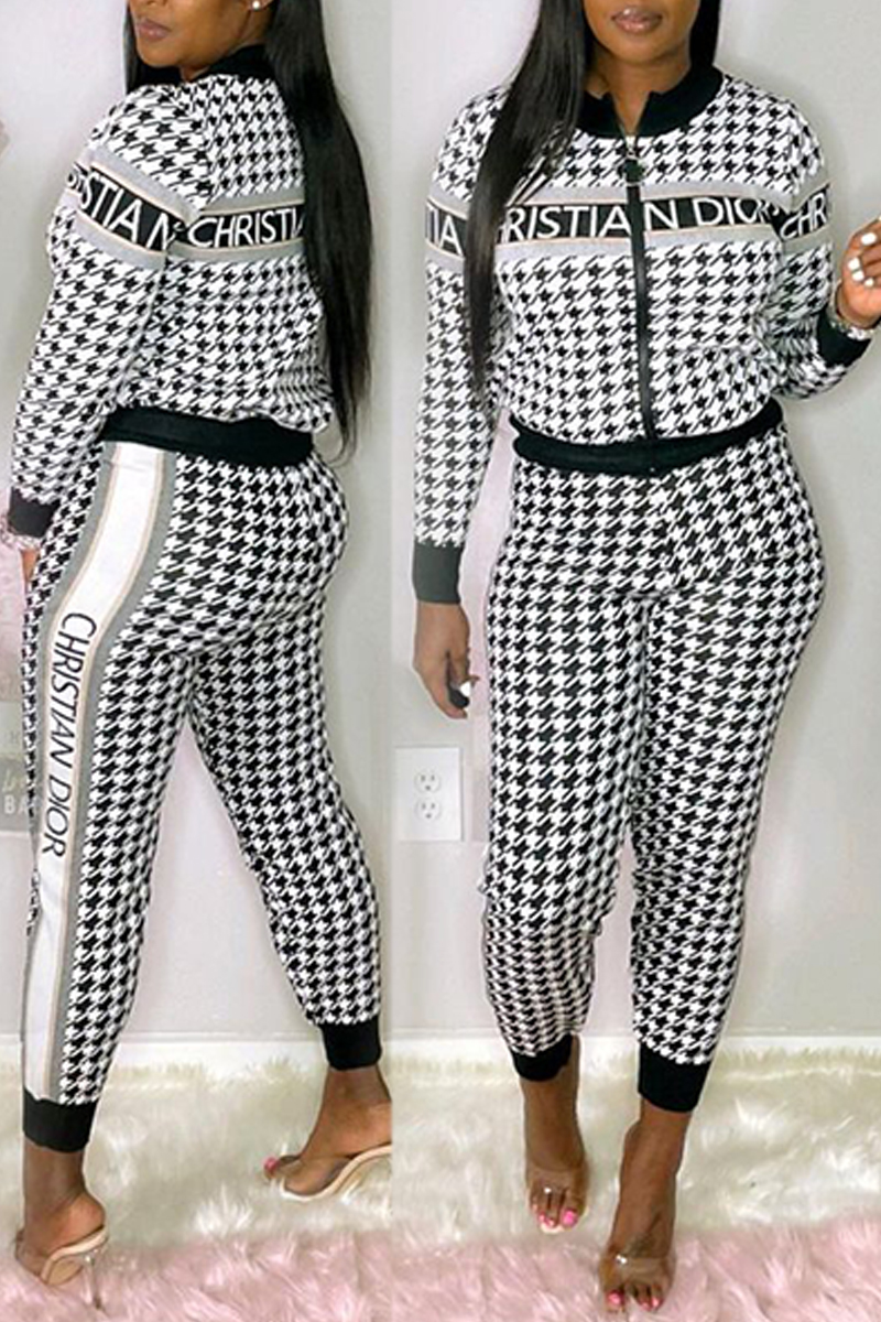 

Black And White Fashion Elegant Letter Print Split Joint Mandarin Collar Long Sleeve Two Pieces