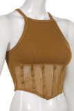 Brown Sexy Solid Patchwork See-through O Neck Sleeveless Two Pieces