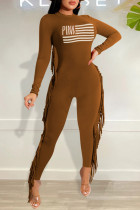 Brown Fashion Casual Letter Print Rivets O Neck Skinny Jumpsuits