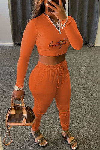 Orange Fashion Casual Print Basic Zipper Collar Long Sleeve Two Pieces