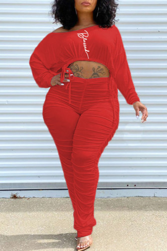 Red Casual Print Patchwork Fold O Neck Long Sleeve Two Pieces