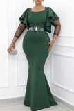 Green Fashion Patchwork Flounce Beading O Neck A Line Plus Size Dresses (With Belt)