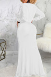 White Sexy Solid Patchwork Slit V Neck Dresses
