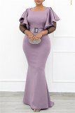 Púrpura claro moda patchwork volante rebordear cuello redondo una línea vestidos de talla grande (con cinturón)