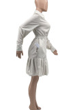 Абрикосовое повседневное однотонное лоскутное платье-рубашка с пряжкой и воланами и отложным воротником