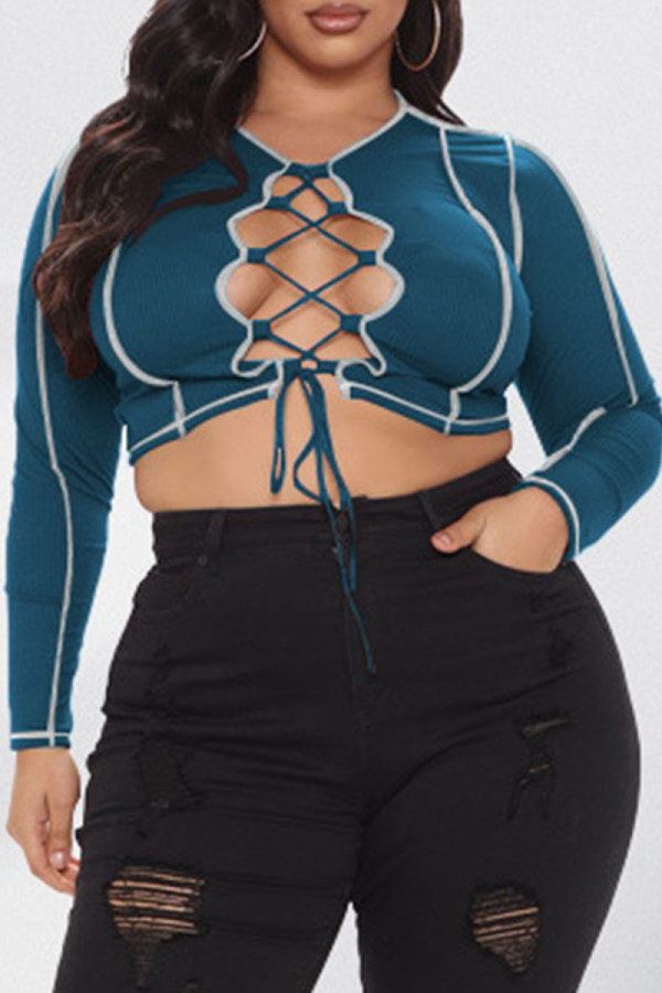 Peacock Blue Sexig Casual Solid Bandage urholkat O-hals Plus Size Toppar