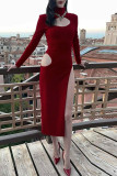 Red Sexy Solid Hollowed Out Patchwork Slit Turtleneck Straight Dresses