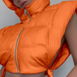 Vêtement d'extérieur à col à capuche avec fermeture à glissière et patchwork solide décontracté rouge tangerine