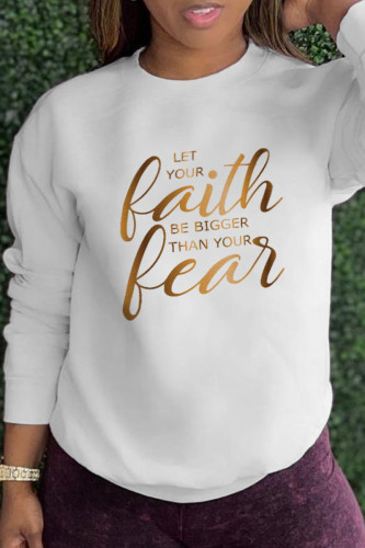 White Fashion Street Print Patchwork Letter O Neck Tops