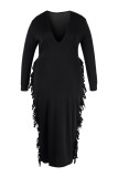 Black Fashion Casual Solid Tassel V Neck Long Sleeve Plus Size Dresses