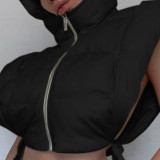Black Casual Solid Patchwork Frenulum Zipper Hooded Collar Outerwear