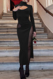 Red Sexy Solid Hollowed Out Split Joint Slit Turtleneck Straight Dresses