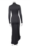 Black Fashion Sexy Solid Slit Fold Turtleneck Long Sleeve Evening Dress