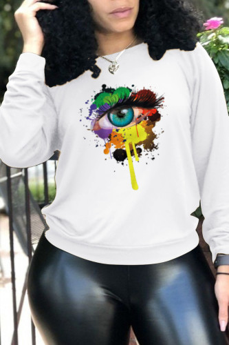 White Fashion Daily Eyes Printed Patchwork O Neck Tops
