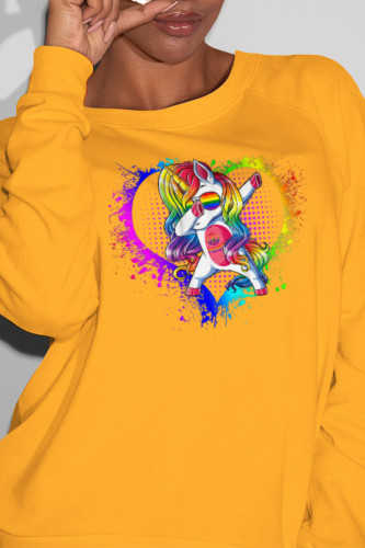Yellow Fashion Street Print Patchwork O Neck Tops