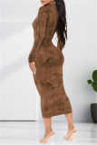 Brownness Sexy Casual Print Hollowed Out Turtleneck Long Sleeve Dresses