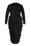 Schwarze Mode Lässig Feste Quaste V-Ausschnitt Langarm Kleider in Übergröße