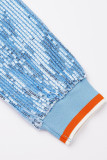 Blauwe Casual Print Bandage Pailletten O-hals Lange Mouw Twee Stukken