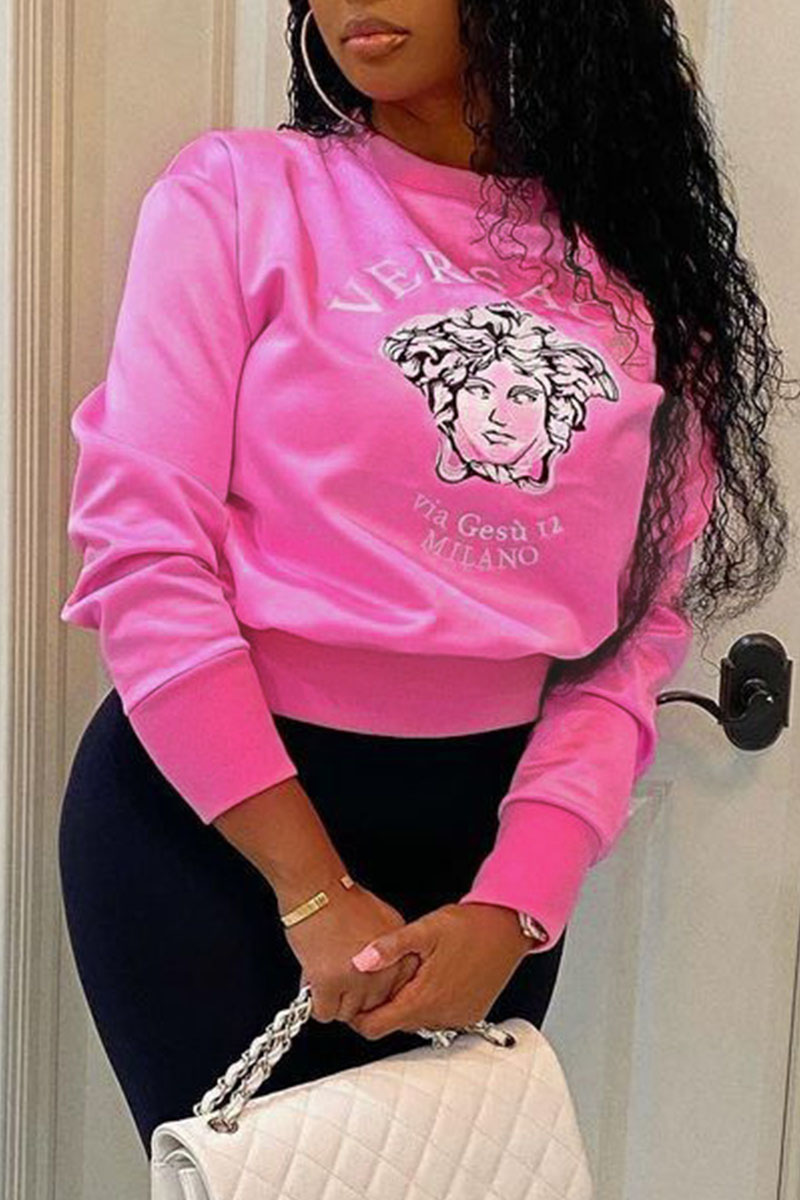 

Pink Casual Print Split Joint O Neck Tops