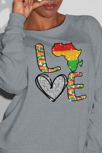 Grey Casual Daily Print Patchwork O Neck Tops