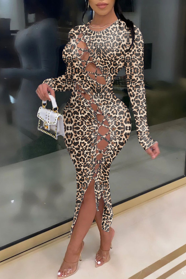 Estampado de leopardo Moda Sexy Estampado de leopardo Vendaje Ahuecado O Cuello Vestidos de manga larga