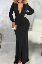 Vestidos sensuais pretos de retalhos sólidos com fenda e decote em V