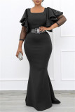 Black Fashion Patchwork Flounce Beading O Neck A Line Plus Size Dresses (With Belt)