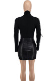 Red Fashion Casual Solid Bandage Patchwork Turtleneck Long Sleeve Dresses