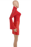 Rode mode casual effen bandage patchwork coltrui met lange mouwen jurken