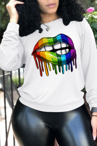White Fashion Daily Lips Printed Patchwork O Neck Tops
