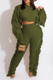 Army Green Casual Street Solid Tassel Patchwork O Neck Long Sleeve Two Pieces