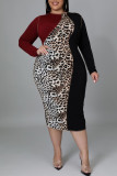 Borgonha casual estampa leopardo patchwork gola redonda saia de um passo vestidos plus size