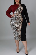 Vestidos de talla grande con falda de un solo paso y cuello redondo con estampado de leopardo y estampado informal burdeos