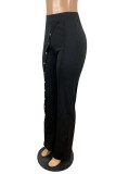 Zwarte casual effen patchwork knopen, rechte hoge taille, rechte effen kleur broek