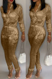 Gold Trendy Zipper Design Blending One-piece Skinny Jumpsuit