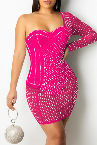 Pink Sexy Patchwork Hot Drilling See-through Backless Long Sleeve Dresses