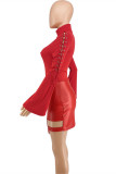 Moda vermelha casual sólido bandagem patchwork gola alta vestidos de manga comprida