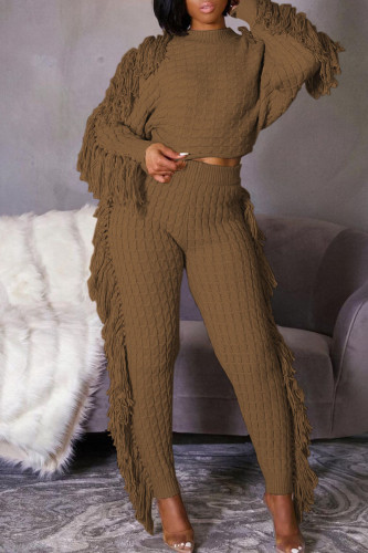 Coffee Casual Street Solid Tassel Patchwork O Neck Long Sleeve Two Pieces