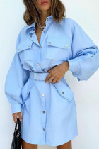 Синий повседневный однотонный лоскутный карман с пряжкой и отложным воротником-рубашкой Платье-платье