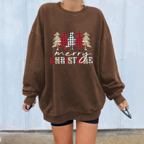 Coffee Casual Christmas Tree Printed Patchwork O Neck Tops