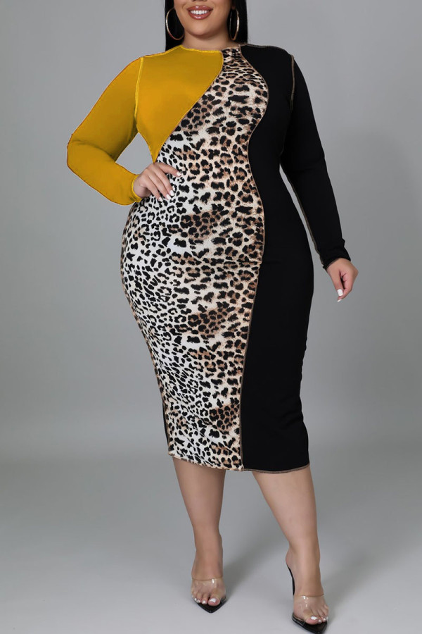 Gelbes, lässiges Leoparden-Patchwork-Kleid mit O-Ausschnitt und einstufigem Rock in Übergröße
