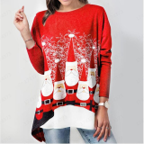 Red Casual Party Santa Claus Patchwork O Neck Tops